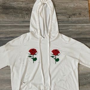 White Hoodie With Slits and Roses